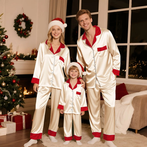 2026 Family Satin Christmas Pajamas Sets Silk Xmas Pjs Matching Sets Soft Sleepwear for Mens Womens Adults Gold L