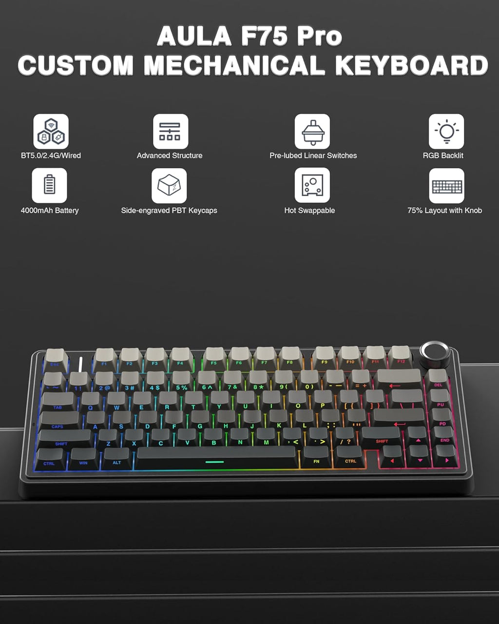 F75 Pro Wireless Mechanical Keyboard,75% Hot Swappable Custom Keyboard with Knob,Rgb Backlit,Pre-Lubed Reaper Switches,Side Printed PBT Keycaps,2.4Ghz/Usb-C/Bt5.0 Mechanical Gaming Keyboards