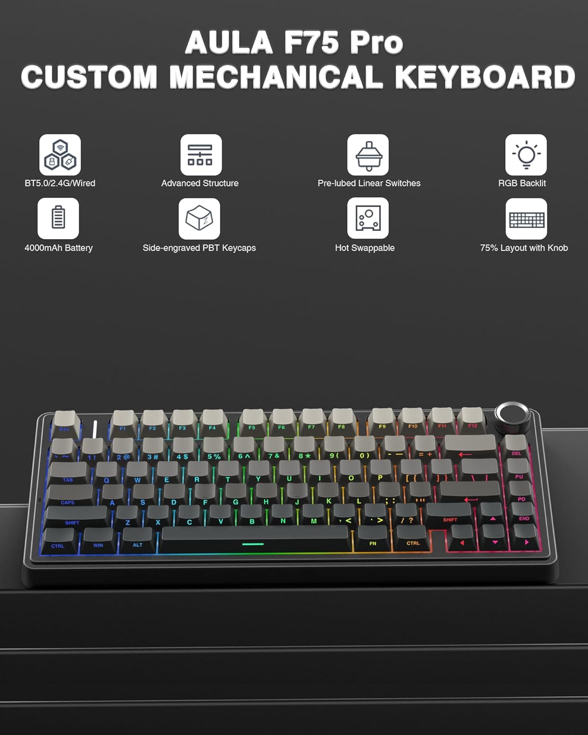 F75 Pro Wireless Mechanical Keyboard,75% Hot Swappable Custom Keyboard with Knob,Rgb Backlit,Pre-Lubed Reaper Switches,Side Printed PBT Keycaps,2.4Ghz/Usb-C/Bt5.0 Mechanical Gaming Keyboards
