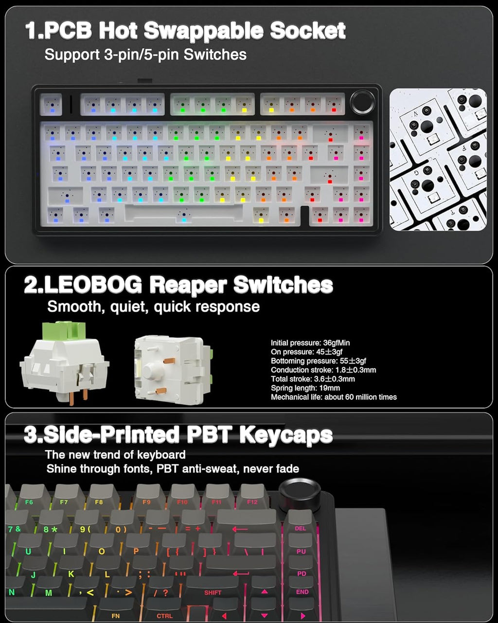 F75 Pro Wireless Mechanical Keyboard,75% Hot Swappable Custom Keyboard with Knob,Rgb Backlit,Pre-Lubed Reaper Switches,Side Printed PBT Keycaps,2.4Ghz/Usb-C/Bt5.0 Mechanical Gaming Keyboards