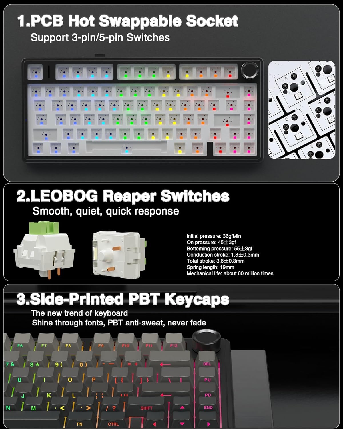 F75 Pro Wireless Mechanical Keyboard,75% Hot Swappable Custom Keyboard with Knob,Rgb Backlit,Pre-Lubed Reaper Switches,Side Printed PBT Keycaps,2.4Ghz/Usb-C/Bt5.0 Mechanical Gaming Keyboards